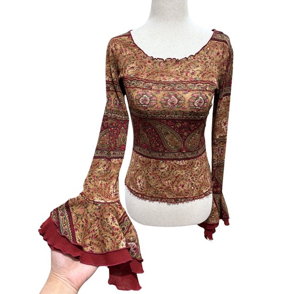 2000s Y2K Trixxi Womens Paisley Mesh Top Burgundy Gold Tiered Bell Sleeve Boho M - Picture 2 of 5
